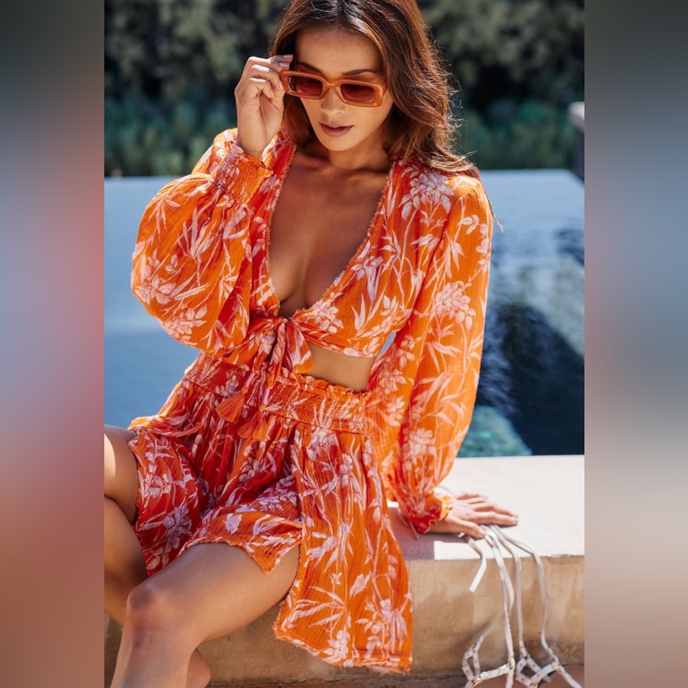 By Anthropologie Tie-Front Guaze Top & Shorts Set NWT Size XXS Orange Floral